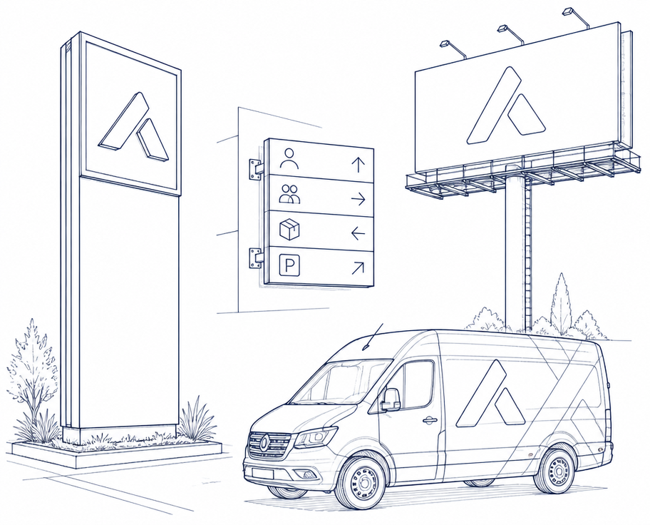 EQUIR Visual Solutions signage, wayfinding, advertising and fleet branding illustration